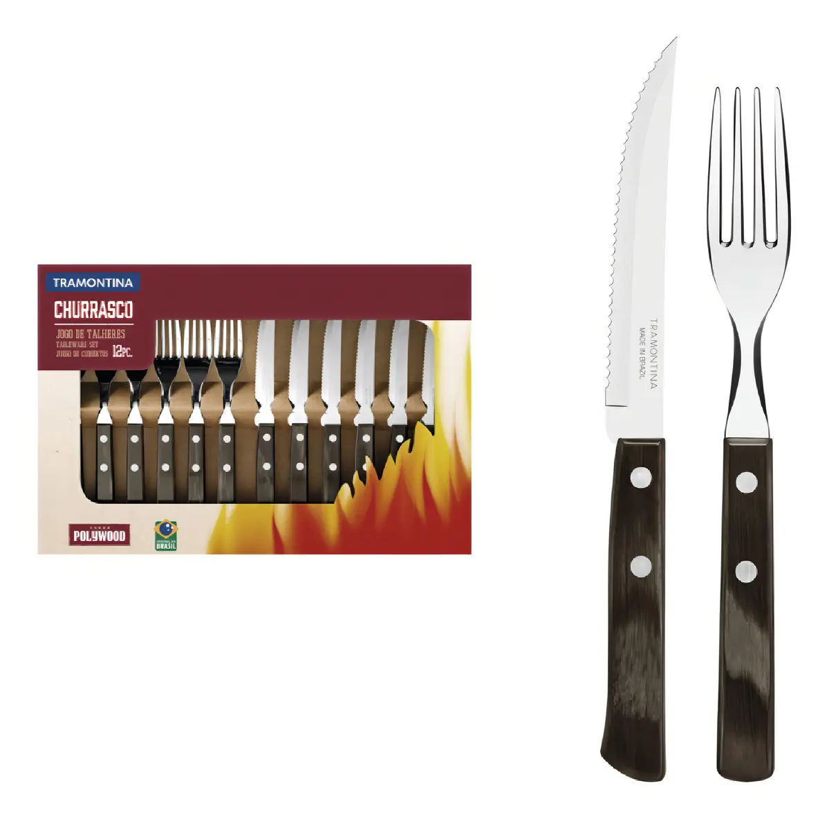 [23799071] Juego de Cubiertos para Asado Tramontina de Acero Inoxidable con Mango Castaño Polywood 12 piezas 6 tenedores 6 cuchillos