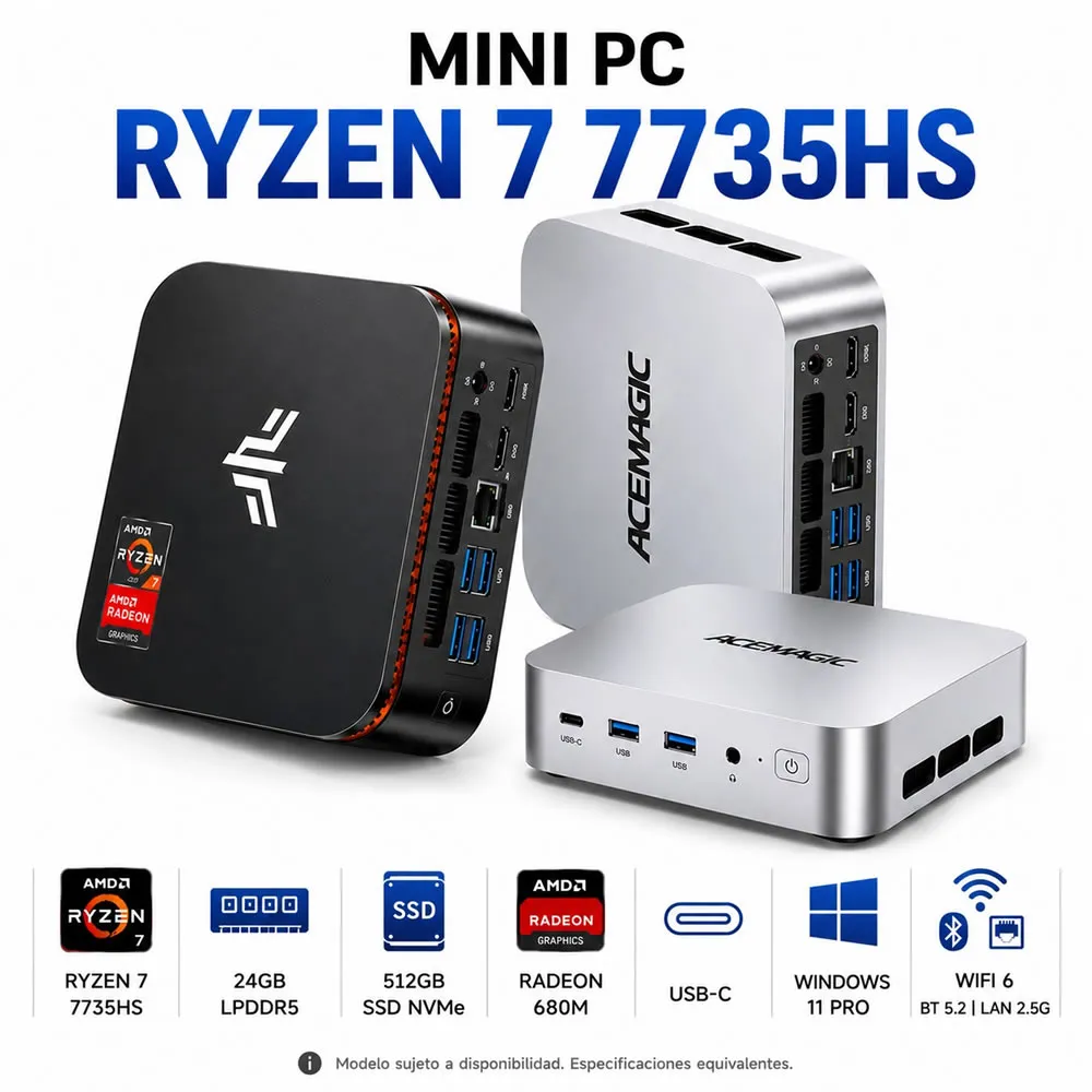[mini pc ryzen 7] Mini PC Ryzen 7 7735HS | 24GB LPDDR5 | 512GB SSD | Radeon 680M | Win 11 Pro | WiFi+BT